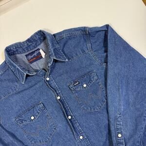 Wrangler Denim Western Shirt Pearl Snap Blue Large Tall 17-36